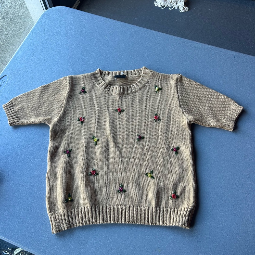 D&G Beige Knit Short Sleeve Sweater with Embroidered Pink & Green Flowers